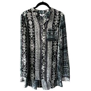 Parker SILK Long Sleeve Patterned Casual Blouse Moccasin Black White Medium NEW